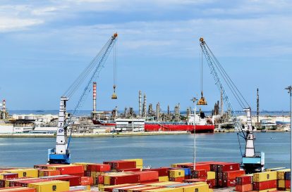 Cargo ships docked at a port